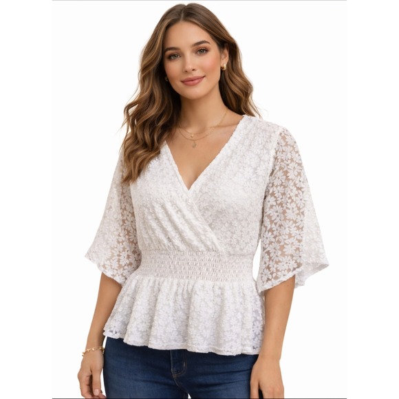 Ember Tops - EMBER White Floral Lace‎ Peplum Blouse Boho Flutter Sleeve Top Women's M